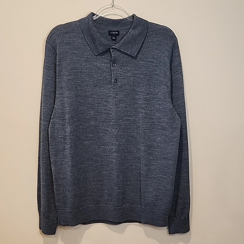 J. Crew Woll Blended  Men's Heathered Navy Gray Long Sleeve Polo